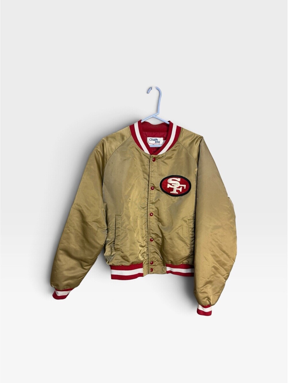 Vtg 80s San Francisco 49ers Chalk Line Satin Bomber Jacket Gold Spellout Back XL